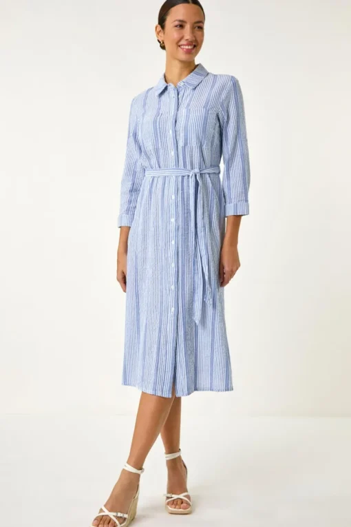 Roman Light Blue Textured Stripe Belted Shirt Dress