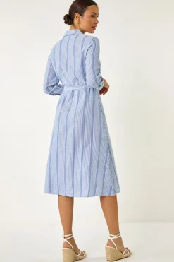 Roman Light Blue Textured Stripe Belted Shirt Dress