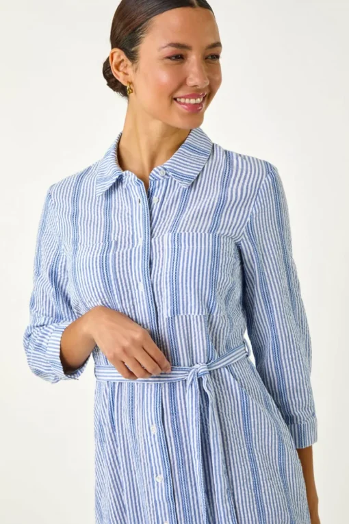 Roman Light Blue Textured Stripe Belted Shirt Dress