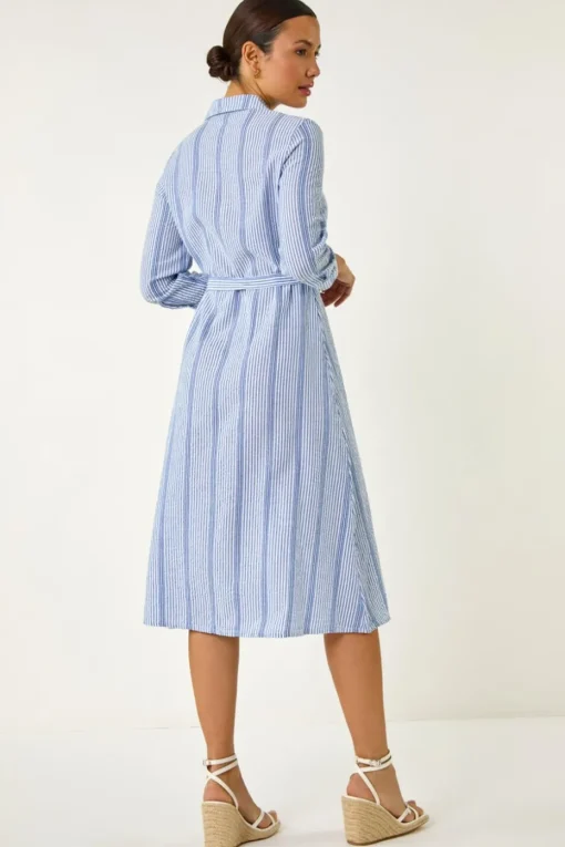 Roman Light Blue Textured Stripe Belted Shirt Dress