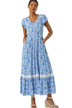 Roman Light Blue Tile Print Shirred Waist Maxi Dress