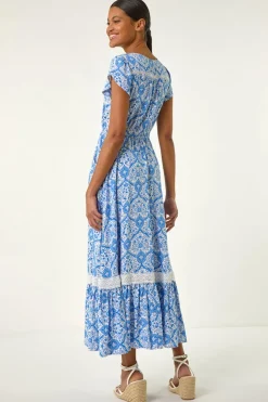 Roman Light Blue Tile Print Shirred Waist Maxi Dress