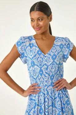 Roman Light Blue Tile Print Shirred Waist Maxi Dress