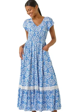 Roman Light Blue Tile Print Shirred Waist Maxi Dress