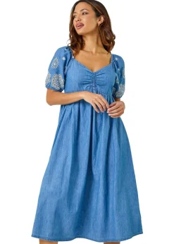 Roman Light Denim Cotton Embroidered Denim Midi Dress