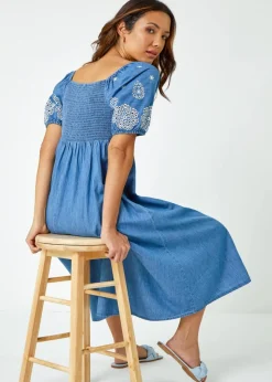 Roman Light Denim Cotton Embroidered Denim Midi Dress