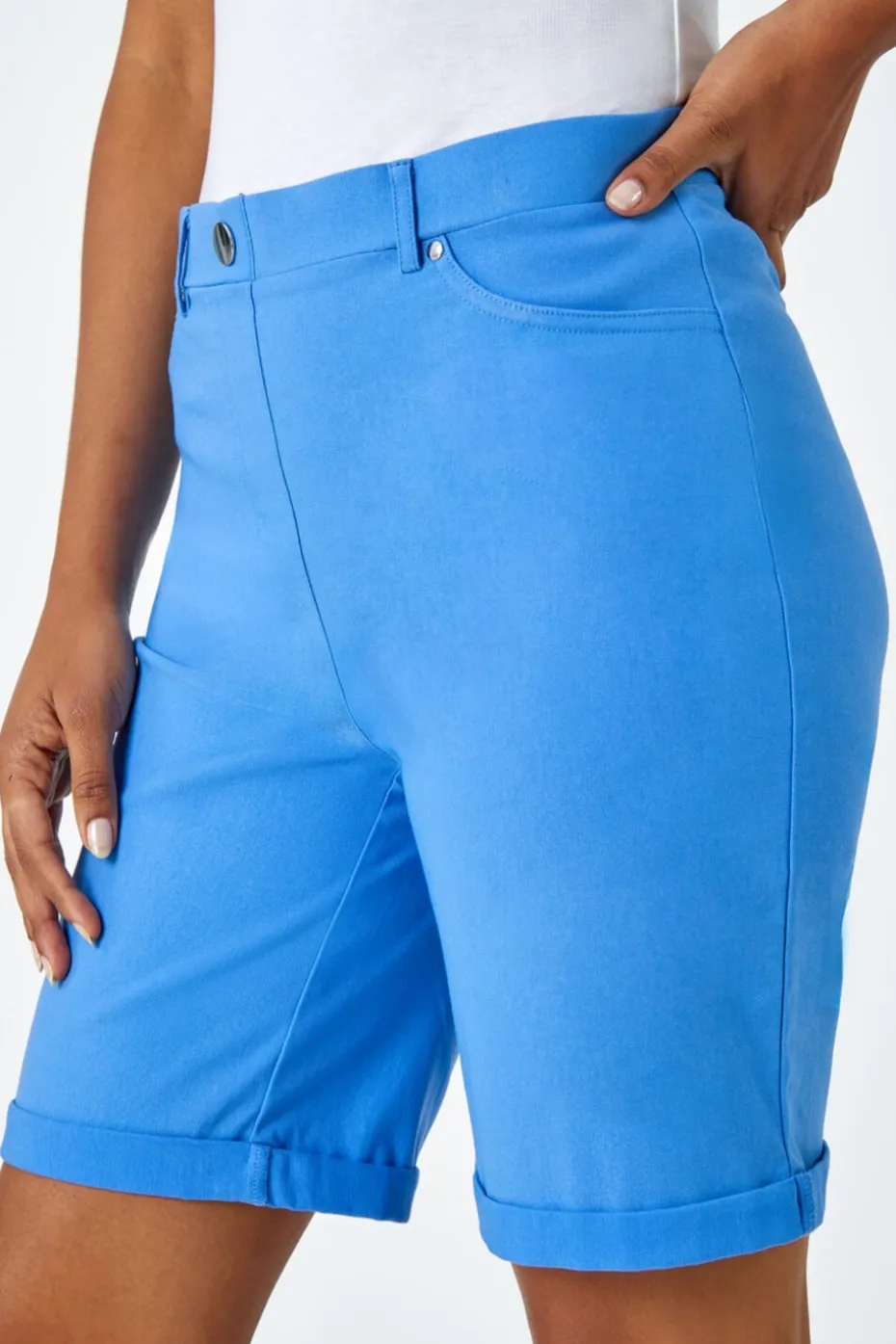 Roman Light Denim Elastic Waist Turn Up Stretch Shorts