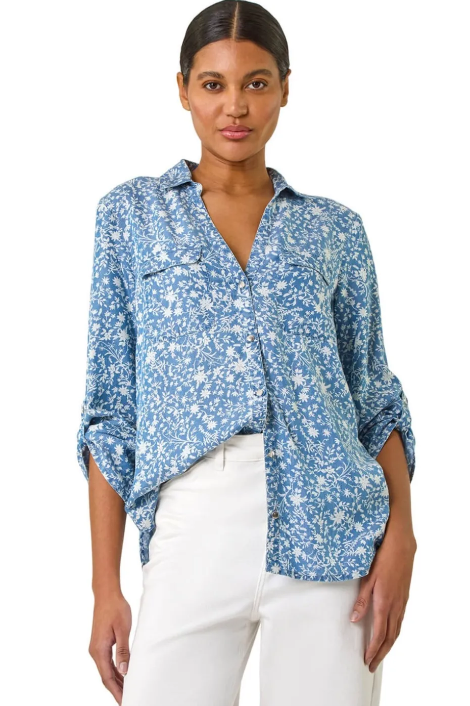Roman Light Denim Floral Print Button Through Shirt