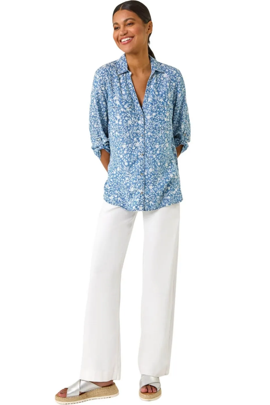 Roman Light Denim Floral Print Button Through Shirt