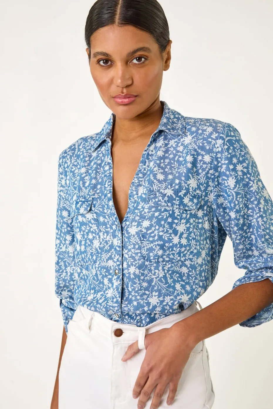 Roman Light Denim Floral Print Button Through Shirt