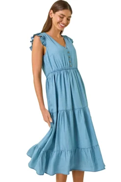 Roman Light Denim Tiered Frill Sleeve Midi Dress