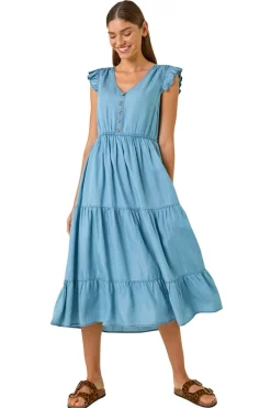 Roman Light Denim Tiered Frill Sleeve Midi Dress
