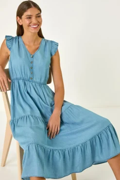 Roman Light Denim Tiered Frill Sleeve Midi Dress