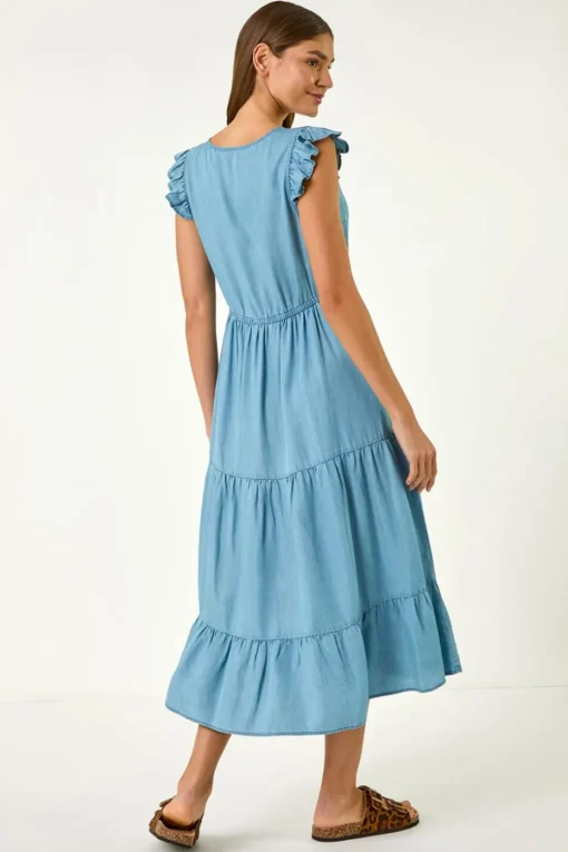 Roman Light Denim Tiered Frill Sleeve Midi Dress
