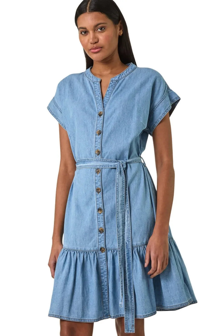 Roman Light Denim Tiered Shirt Dress