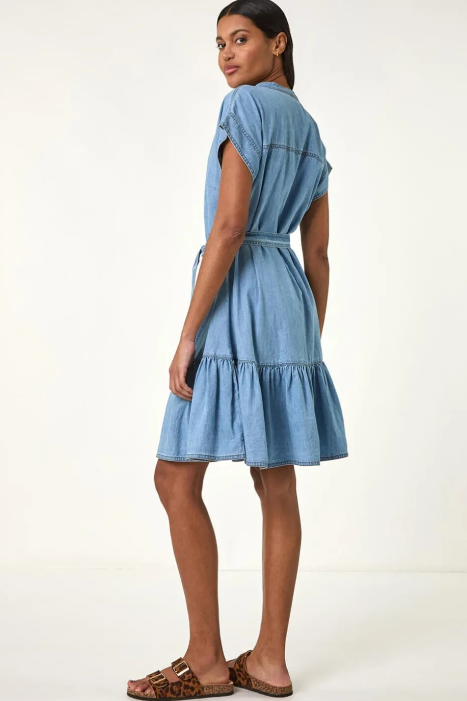 Roman Light Denim Tiered Shirt Dress