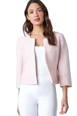 Roman Light Pink 3/4 Sleeve Pleated Textured Cropped Jacket