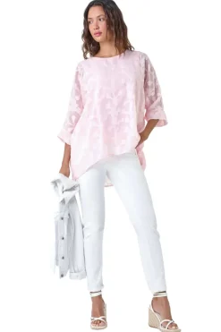 Roman Light Pink Burnout Floral Dipped Hem Overlay Top