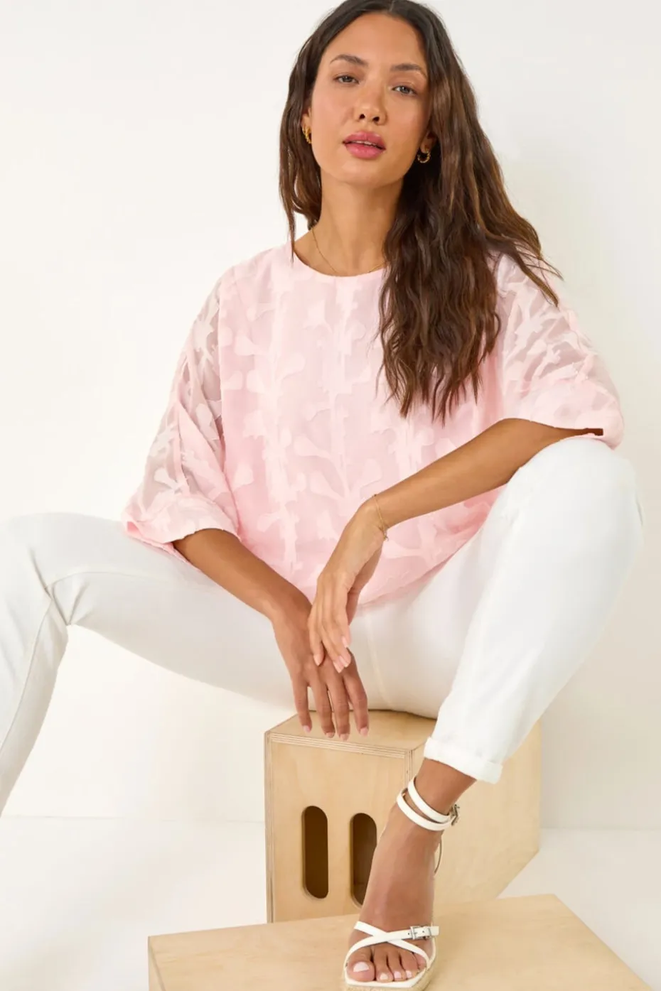 Roman Light Pink Burnout Floral Dipped Hem Overlay Top