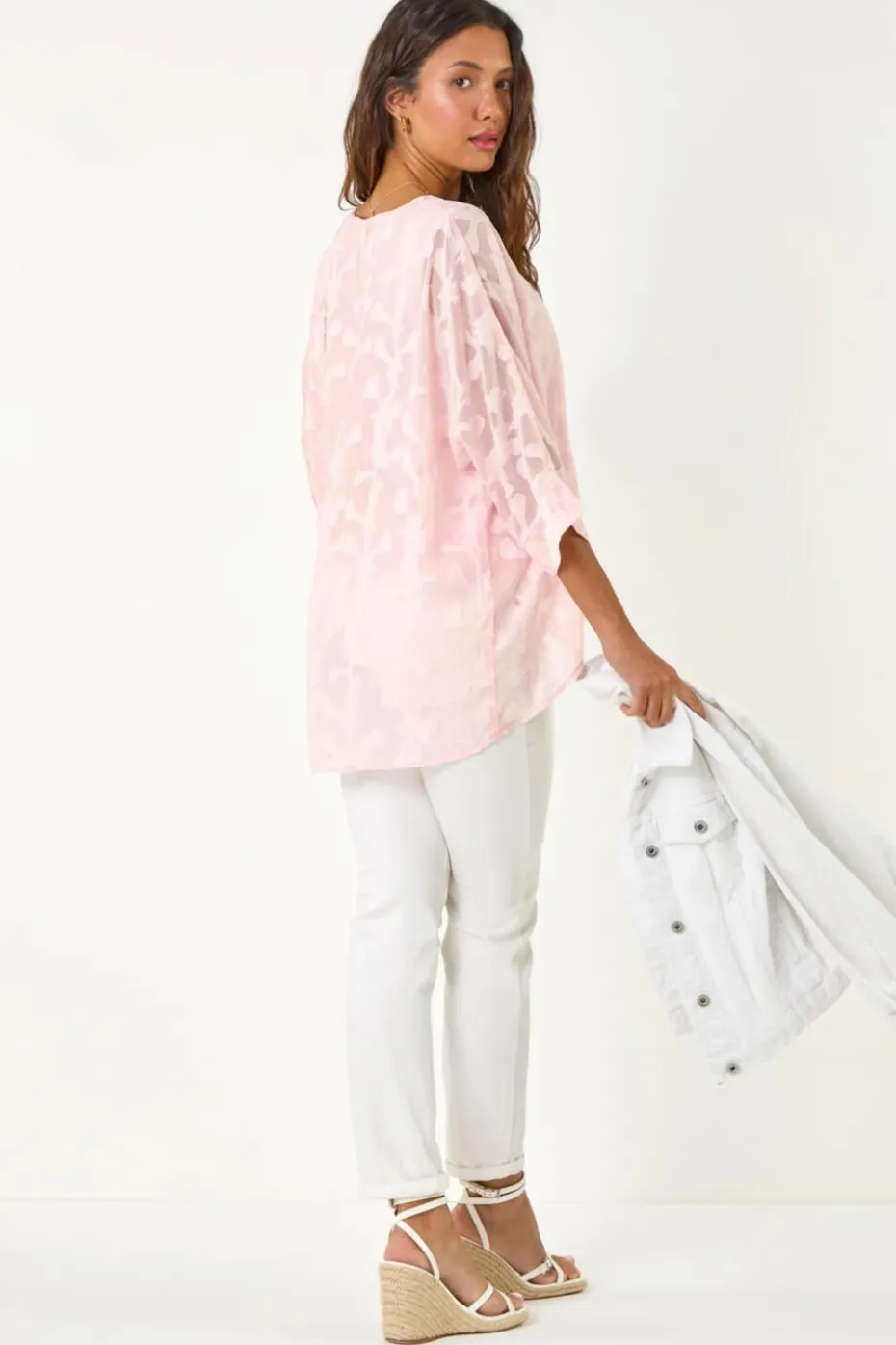 Roman Light Pink Burnout Floral Dipped Hem Overlay Top