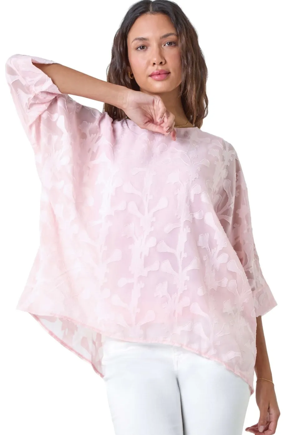Roman Light Pink Burnout Floral Dipped Hem Overlay Top