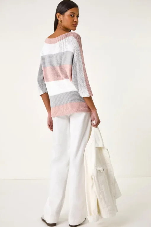 Roman Light Pink Colourblock Stripe Knit Jumper