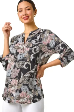 Roman Light Pink Floral Print Pleated Shirt