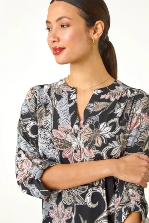 Roman Light Pink Floral Print Pleated Shirt