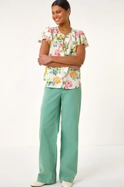 Roman Light Pink Floral Tie Front Frill Top