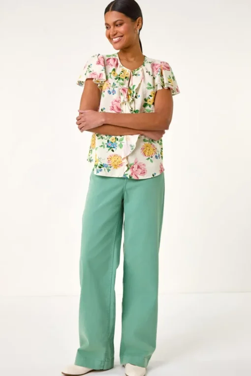 Roman Light Pink Floral Tie Front Frill Top