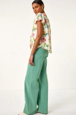Roman Light Pink Floral Tie Front Frill Top