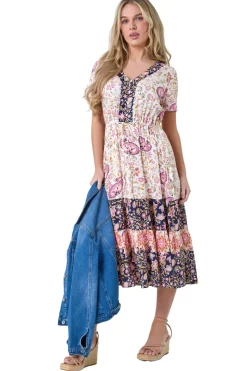 Roman Light Pink Petite Floral Border Print Midi Dress