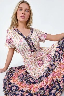 Roman Light Pink Petite Floral Border Print Midi Dress