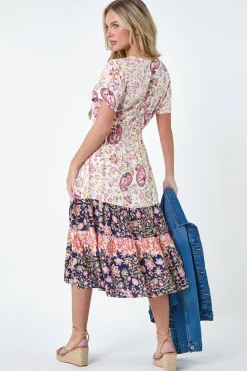 Roman Light Pink Petite Floral Border Print Midi Dress