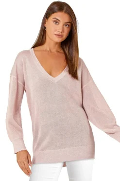 Roman Light Pink Relaxed Stretch Shimmer V-Neck Jumper