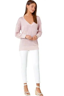 Roman Light Pink Relaxed Stretch Shimmer V-Neck Jumper