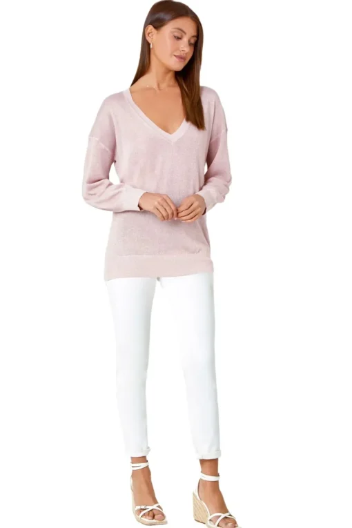 Roman Light Pink Relaxed Stretch Shimmer V-Neck Jumper