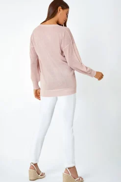 Roman Light Pink Relaxed Stretch Shimmer V-Neck Jumper