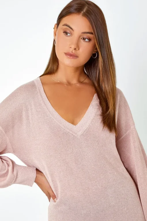 Roman Light Pink Relaxed Stretch Shimmer V-Neck Jumper