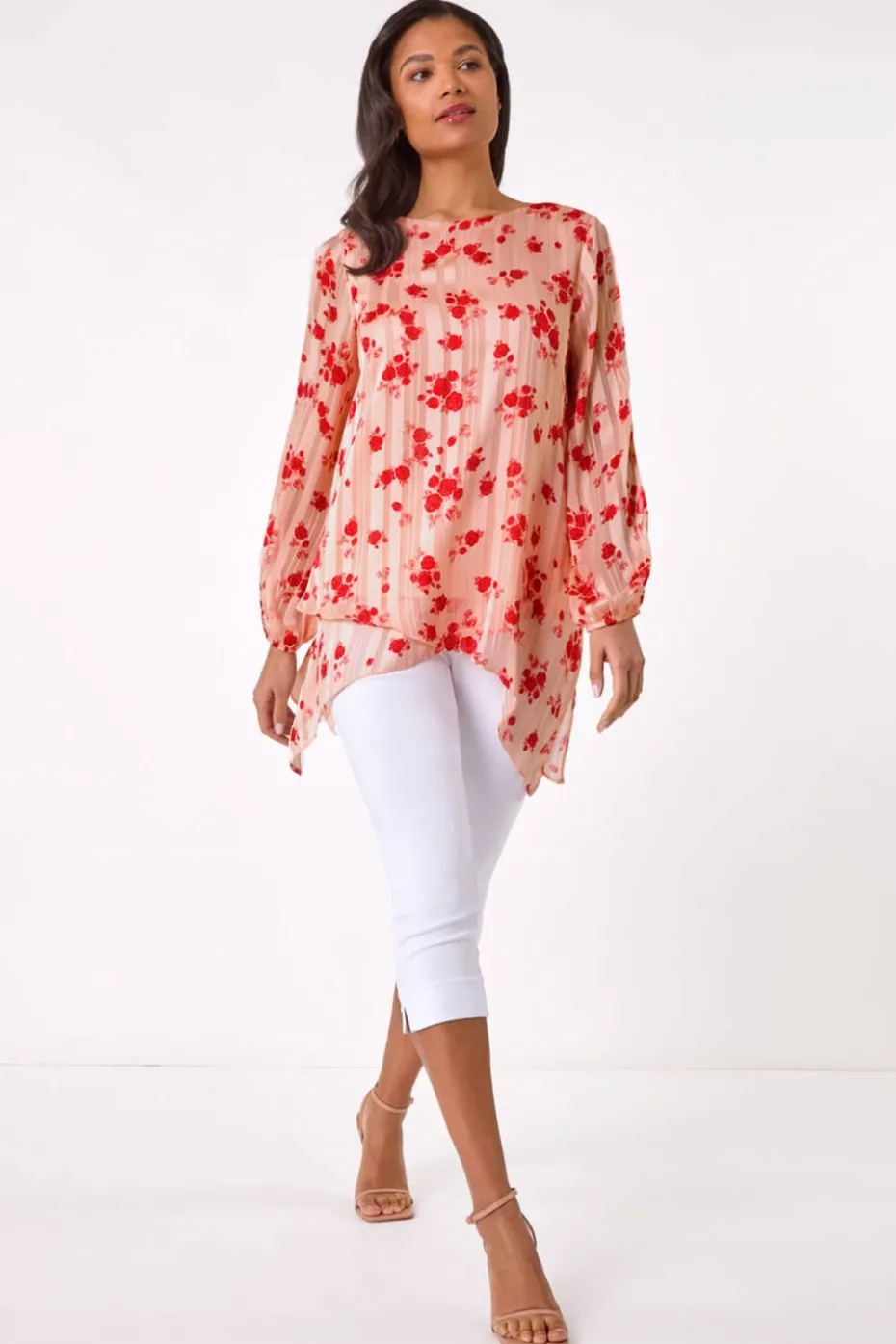 Roman Light Pink Rose Print Metallic Tunic Top