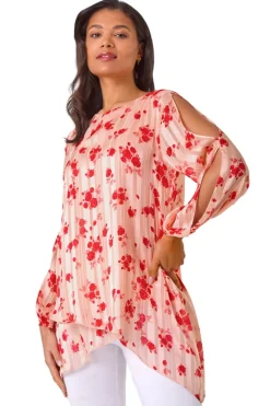 Roman Light Pink Rose Print Metallic Tunic Top