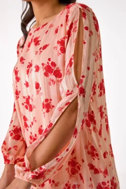 Roman Light Pink Rose Print Metallic Tunic Top