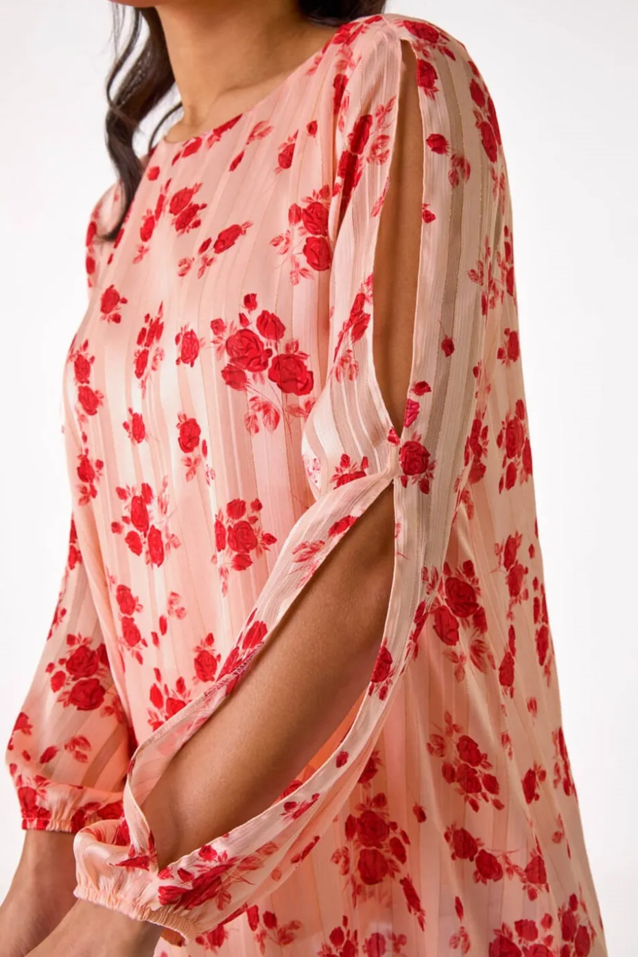 Roman Light Pink Rose Print Metallic Tunic Top