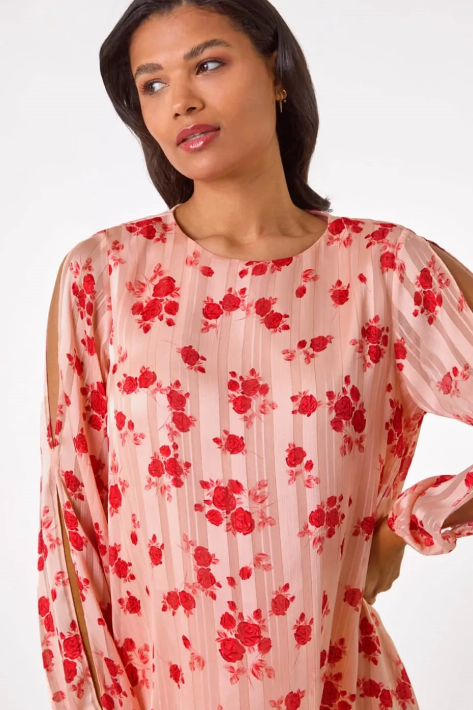 Roman Light Pink Rose Print Metallic Tunic Top