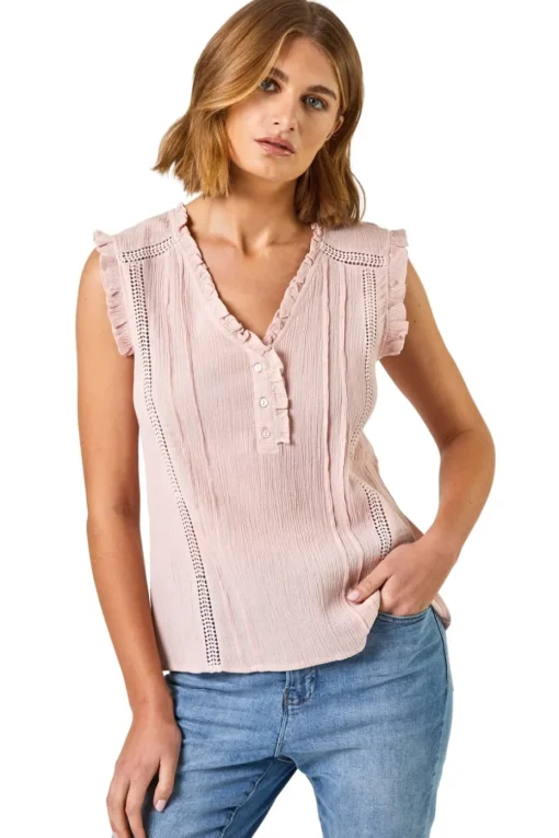 Roman Light Pink Ruffle Detail Cotton Crinkle Top