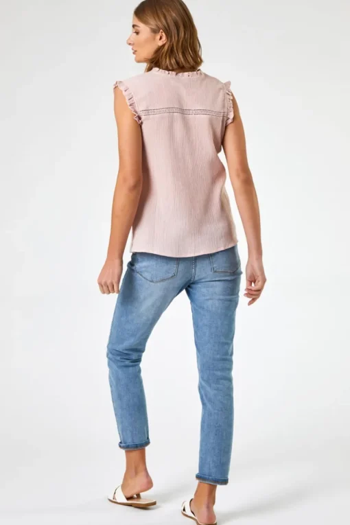 Roman Light Pink Ruffle Detail Cotton Crinkle Top