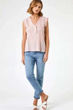 Roman Light Pink Ruffle Detail Cotton Crinkle Top