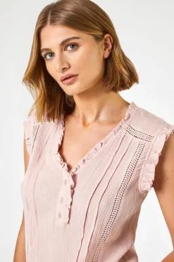 Roman Light Pink Ruffle Detail Cotton Crinkle Top