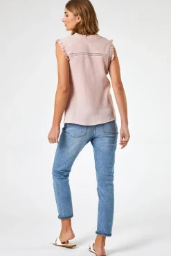 Roman Light Pink Ruffle Detail Cotton Crinkle Top