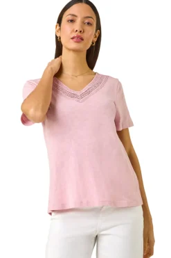 Roman Light Pink Sequin Trim V Neck Stretch Top